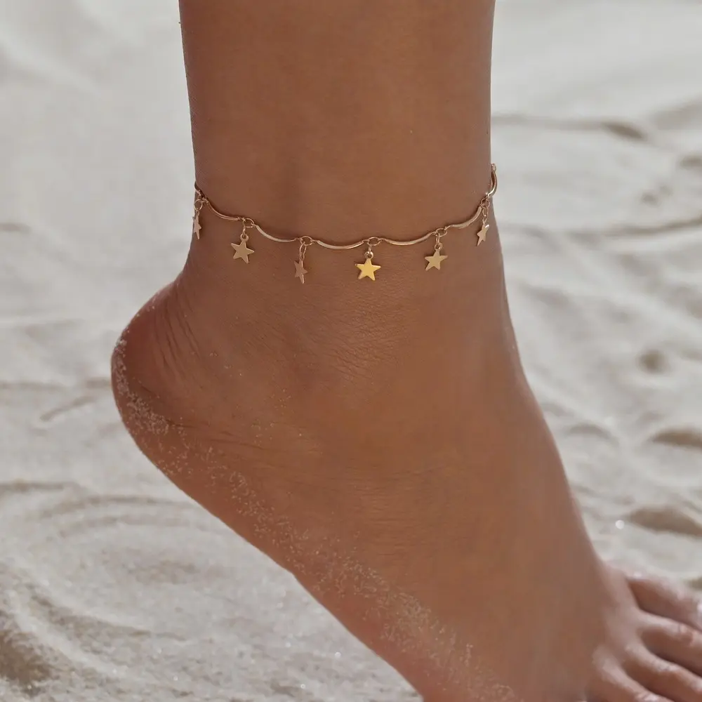 Shangjie tornozeleira, tornozeleira oem tobilleras boho lantejoulas de cinco pontas de estrela tornozeleira de ouro sólido joias femininas tornozeleira