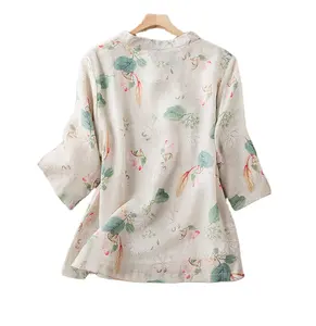 Blusas de gasa con estampado floral para mujer, blusas informales de media manga con cuello redondo