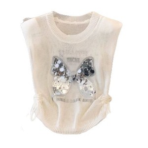 Women Knitted Vest Butterfly <b>Sequin</b> Drawstring Summer <b>Top</b> Khaki White <b>Black</b> Polyester Sweater - Product Image 5