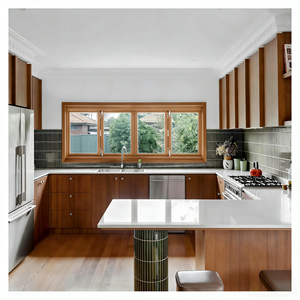 Gabinetes de Cocina Modernos de Mediados de Siglo Vermonhouzz, Madera de <span class=keywords><strong>Nogal</strong></span> Oscuro, Isla con Estantes Abiertos, Cajones con Cierre Suave para Construcción de Cocinas - Product Image 1