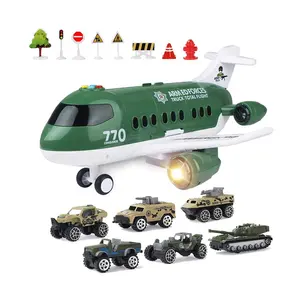 Desenho animado die cast brinquedos, avião de carga militar, armazenamento, mini caminhões, conjunto de veículos, jogo com luz e música para crianças