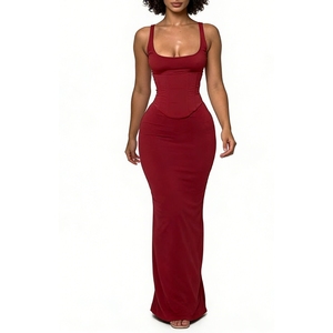 Women's Corset Waist Dress Sleeveless Square Neck Bodycon Split Hem Formal Dresses With a <b>Tie</b>-<b>back</b> Waistband Fashion - Product Image 1