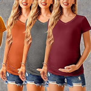 T-shirt de maternité à manches courtes et col en V pour femme, couleur unie, jersey, haut décontracté, vêtements de printemps et d'été - Product Image 2