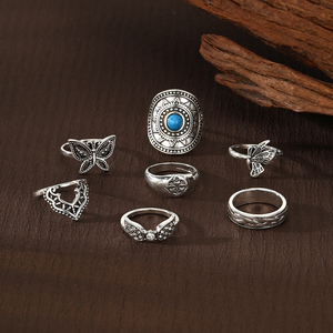 2026 7pcs Vintage Finger Jewelry Kit Women Face Crown Tiara Wing Turquoise <b>Ring</b> <b>Set</b> - Product Image 4