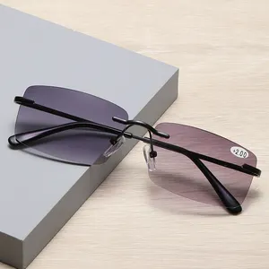 UV400 pipigüneş okuyucu yüksek kaliteli tasarımcı Metal çerçevesiz okuma gözlüğü güneş gözlüğü kadın erkek için