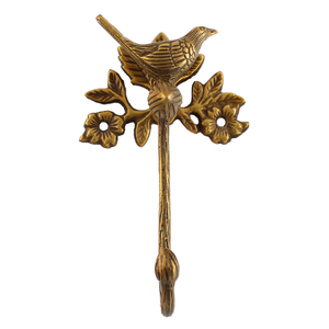 Ganchos de pared multifuncionales de latón dorado hechos a mano con diseño de pájaro sentado en rama, resistentes, ecológicos y reutilizables. - Product Image 1