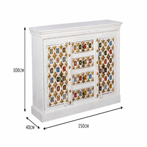 Aparador de Madera Blanca Envejecida con Diseño Tallado |   Armario de Almacenamiento de Madera Maciza con Puertas y Estantes |   Buffet Vintage - Product Image 4