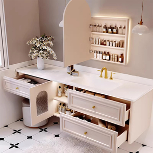 Mueble de Baño con Lavabo Individual Personalizable, Mueble de Pared Color Crema Francés con Espejo Antivaho Inteligente de Madera Maciza y Cajones Grandes - Product Image 2