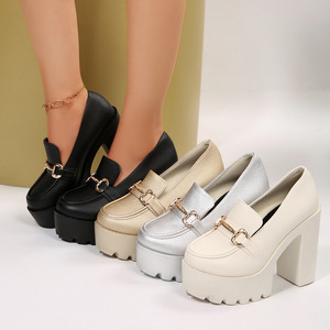 British <b>Style</b> High-Heeled Flats Large Size Autumn New <b>Style</b> Platform Thick Heel Metal Chain Deep Mouth Shoes for Women - Product Image 1