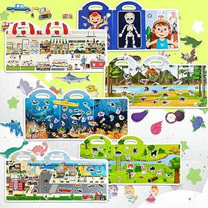 6 sets de livres d'autocollants réutilisables gonflés pour tout-petits de 2 <span class=keywords><strong>à</strong></span> 4 ans, 4 grandes pages par set, 240 autocollants imperméables faciles <span class=keywords><strong>à</strong></span> nettoyer en silicone - Product Image 2