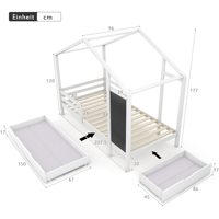 Lit pour enfants Lit maison Lit en bois avec planche et 2 tiroirs Bois massif avec clôture et cadre à lattes Blanc