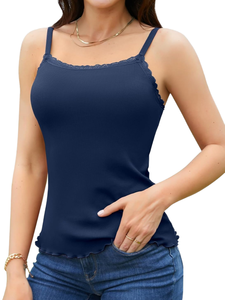 Camisola Azul Marino Acanalada para Mujer con Ribete de Encaje, Tirantes Finos, Top Casual de Color Liso, Tejido Transpirable - Product Image 1