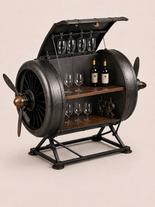 Meuble de bar industriel en forme de baril, style rustique, en métal et bois, avec porte-bouteilles et étagères à verres - Product Image 1