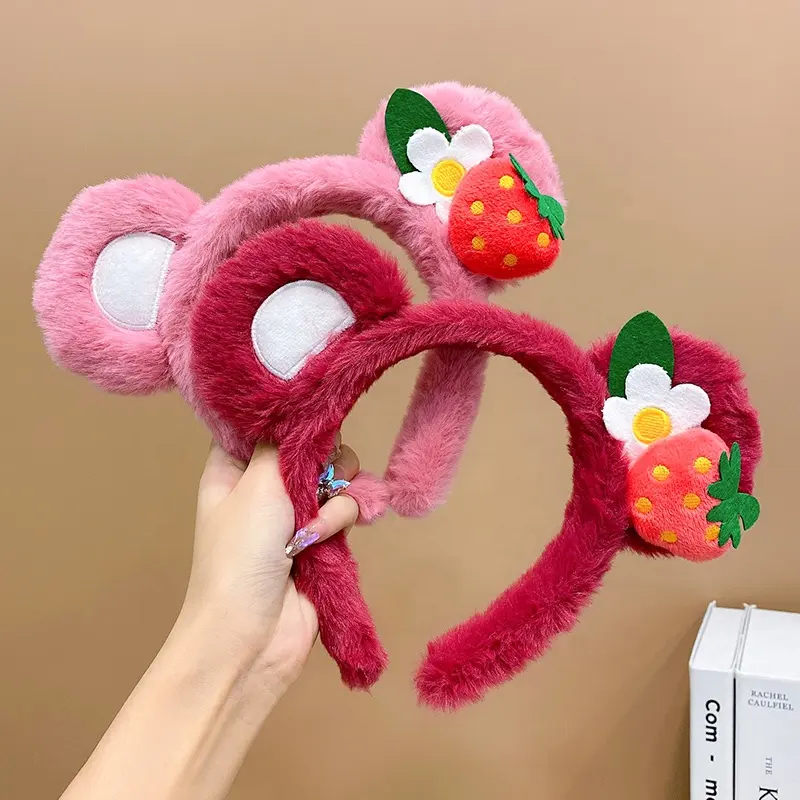 Plush Strawberry Bear Ear Headband Fleece Cute PInk Cartoon Bear Hairbands Girls Lovely Animal Headbands Hair Accessories