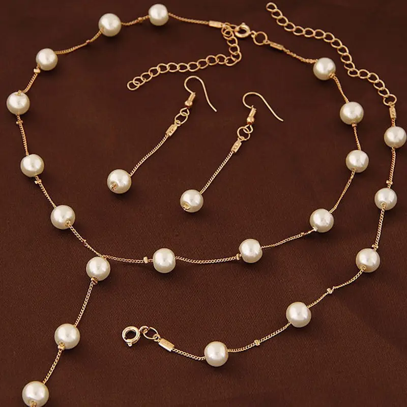 17KM Exquisite white pearl necklace and earrings bracelet set wedding party pearl Jewelry Set