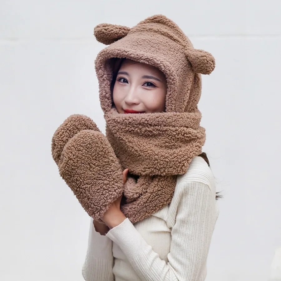 Women\'s Khaki Furry Beanie with Pom Pom Winter Warm Knitted Hat Bear Costume Cute Fuzzy Bear Ear Beanie Hat for Women Skin-Friendly Plush  main image 4