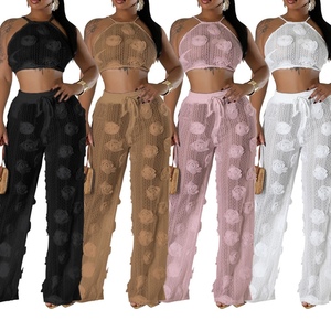 Ensemble 2 pièces tendance pour femme : haut court à lacets et pantalon ample en maille transparente de couleur unie - Product Image 1