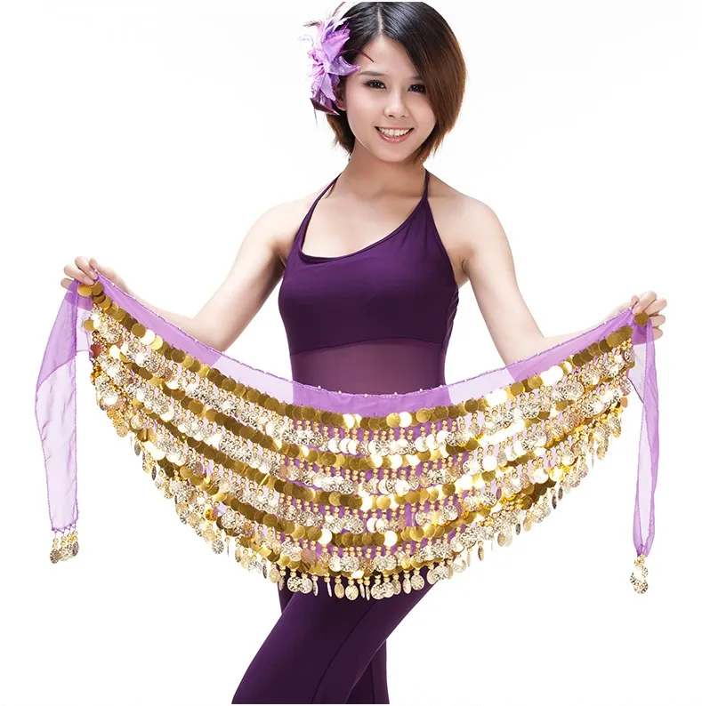 Accesorios de baile de escenario de alta calidad, bufanda decorativa para danza del vientre, cadera, monedas de oro de bajo precio para mujeres, adultos, actuación