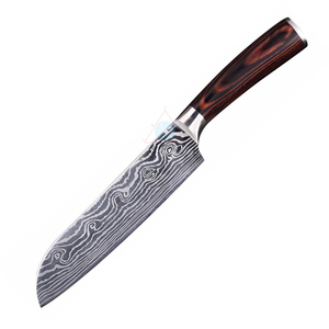 1 oscuro Pakka mango de madera de impresión láser Damasco patrón 7Cr hoja de acero 7 pulgadas estilo japonés cuchillo <span class=keywords><strong>Santoku</strong></span> - Product Image 1