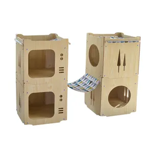 Rectangle Wooden Pet House  Log Cabin Door Windows Indoor cat house