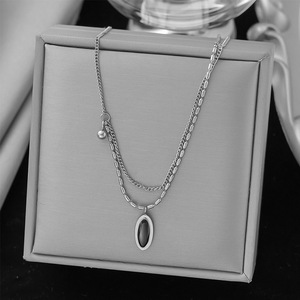 Vintage Oval <b>Black</b> Pendant Necklace | 18K PVD Gold Stainless Steel Curb <b>Chain</b> and Elongated Metal Bead <b>Chain</b> Layered Jewelry - Product Image 3