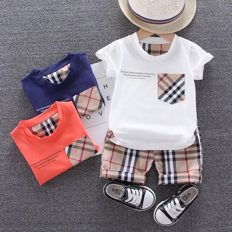 Plaid style Summer Children's Clothing Sets Different Design Boy Clothing Sets 2pcs T-shirt kids clothes Set