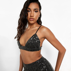 Paillettes Set da 3 pezzi da donna Sexy reggiseno intimo Bling camicia a maniche lunghe <span class=keywords><strong>pantaloni</strong></span> a gamba larga completi femminili vestito verde da donna per feste - Product Image 5
