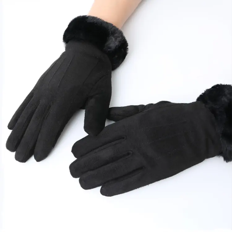 Comfortable New Design Fur Heating Touch Screen Wool Black Winter Gloves