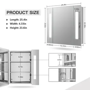 Armário de espelho LED iluminado para banheiro de aço inoxidável fixado na parede do armário de remédios