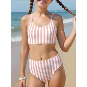 FOXA Conjunto de bikini a rayas de 2 piezas para niñas, top de baño con tirantes finos y parte inferior tipo tanga, trajes de baño bonitos para adolescentes - Product Image 2
