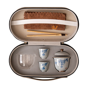 Juego de té de viaje antiguo pintado a mano, de cerámica, portátil, con bolsa de almacenamiento para uso en exteriores. - Product Image 5