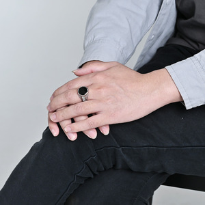 yunnique style light luxury <b>titanium</b> steel geometric <b>ring</b> with <b>black</b> gemstones, men's personalized fashion stainles - Product Image 2