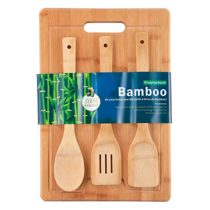 HOT SALES extra large kitchen bamboo cutting board with 3 pcs cookware utensil set