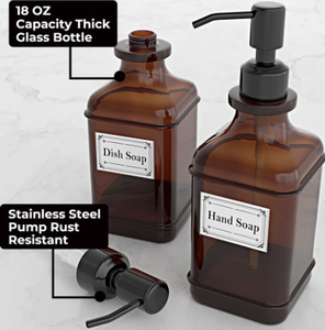 Dispensadores de botellas de vidrio ámbar grueso de 500ml, contenedor de bomba de acero inoxidable a prueba de óxido para jabón líquido, loción de aceite esencial - Product Image 3