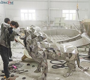 Tượng sư tử bằng thép không gỉ, điêu khắc hình học hiện đại, đánh bóng gương, kích thước thật, làm thủ công, đặt ngoài trời, trang trí sân vườn. - Product Image 4