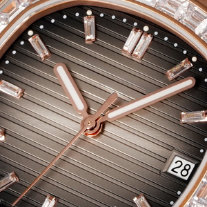 Rose Gold Premium Octagonal Gemstones Encrusted Bezel Homage <b>Watch</b> Porthole <b>Case</b> Horizontal Embossed Dial Automatic Wristwatch - Product Image 3