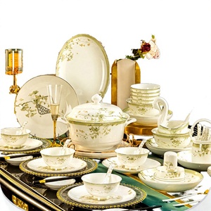 Luxury Bone China <b>Dinnerware</b> <b>Set</b> 60pcs Scenic Design Portable Reusable Golden Rim Green Ceramic Dishes for Wedding Gift <b>Set</b> - Product Image 2
