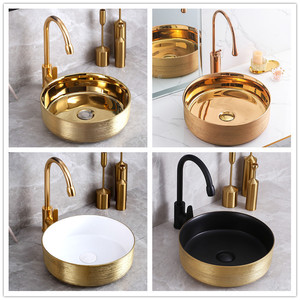 Lusso moderno oro rotondo <span class=keywords><strong>lavabo</strong></span> <span class=keywords><strong>lavabo</strong></span> in ceramica Hotel appartamento doccia per la vendita - Product Image 2