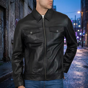 Veste moto en cuir véritable pour homme, col rabattu, fermeture éclair, couleur unie, coupe classique, pour l'automne - Product Image 2