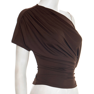 Viviblook J26TP019 – Nouveau T-shirt plissé uni à épaules dénudées et taille cintrée pour femme, idéal pour l'été - Product Image 4