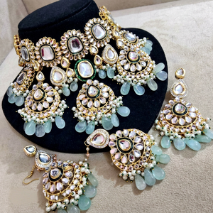 Magnifique ensemble collier et boucles d'oreilles en laiton plaqué or 14 carats, style Kundan Jaypuri, pour mariage et fiançailles indiens, prix bas, M Creation - Product Image 1