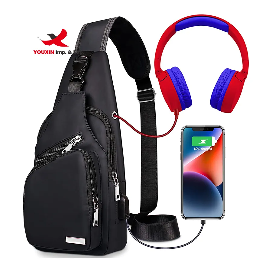 Men Crossbody Backpack Chest Bag PU Leather Bag with USB Charging Port Shoulder Mobile Phone Sling Bag