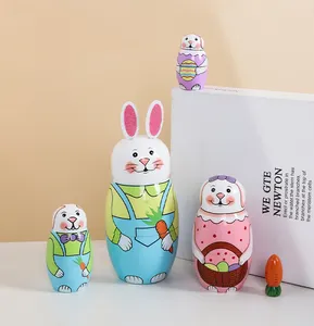 5pcs俄罗斯套娃娃娃木制兔子嵌套娃娃套装复活节家居装饰