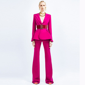 Top Quality Celebrity 2 Pieces Set Fashion Blazers&amp; Wide Legs Pants Hand <strong>Beading</strong> Women's Blazers Set