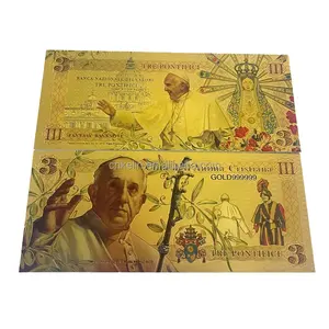 Nouveau cadeau souvenir de tourisme durable en Italie Pape François III Billet en PVC plaqué feuille d'or 24 carats