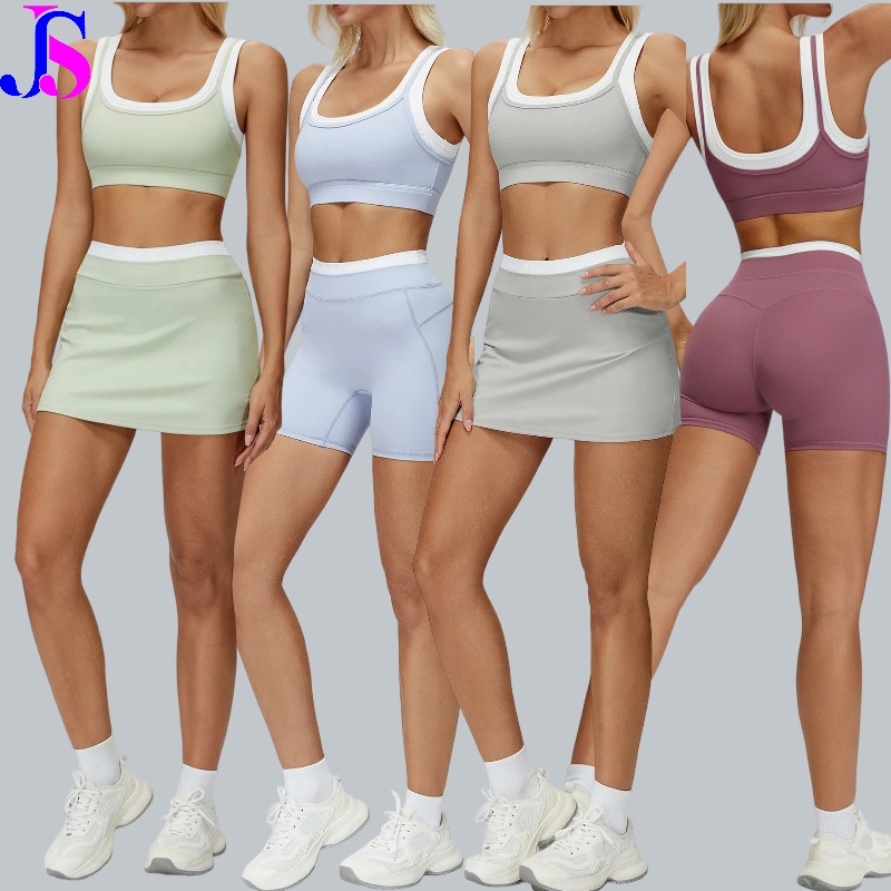 2PCS Contrast Color Set Quick-Drying Gym Set Yoga Suit Running Sport Bra Built-in Safety Pants Tennis Skirt or Shorts Yoga Set