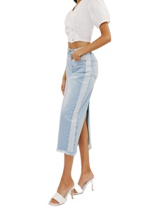 Midi <span class=keywords><strong>กระโปรง</strong></span>ผ่าหน้าสำหรับผู้หญิง,ขอบดิบแบบแคบสีตัดกันกำหนดได้เองปี2022 - Product Image 4