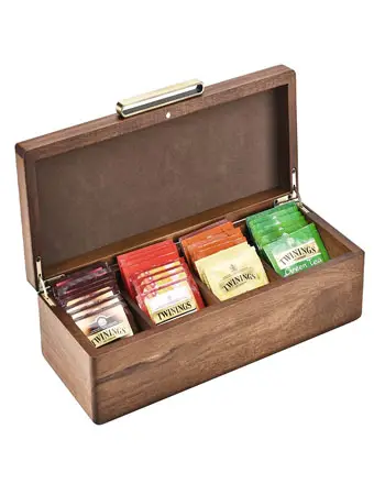 Die verstellbare Trennwand aus hölzerner Tee-Aufbewahrung sbox wird zum Anordnen und Anzeigen von Tee dekorationen verwendet
