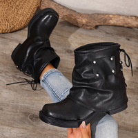 Bottines pour femmes de style occidental à talons carrés épais, à enfiler, mode automne/hiver, doublure en maille, tige en PU, confortables, tendance, avec rivets