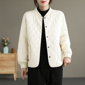 Women's <b>Quilted</b> Cotton Padded <b>Jacket</b> Loose Fit Crew Neck Single Button Winter Warm Coat Full Sleeve Diamond <b>Pattern</b> - Product Image 3